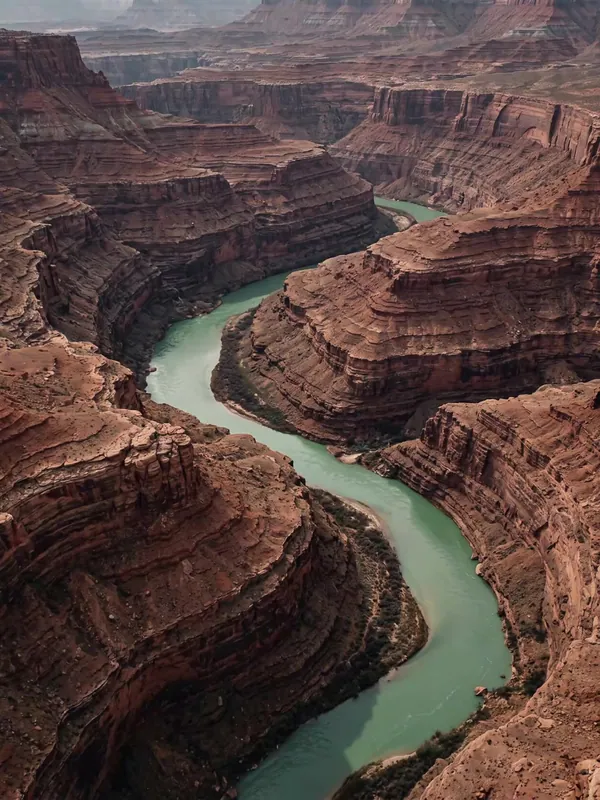 Aerial view of a river bending through red sandstone canyons in the American Southwest